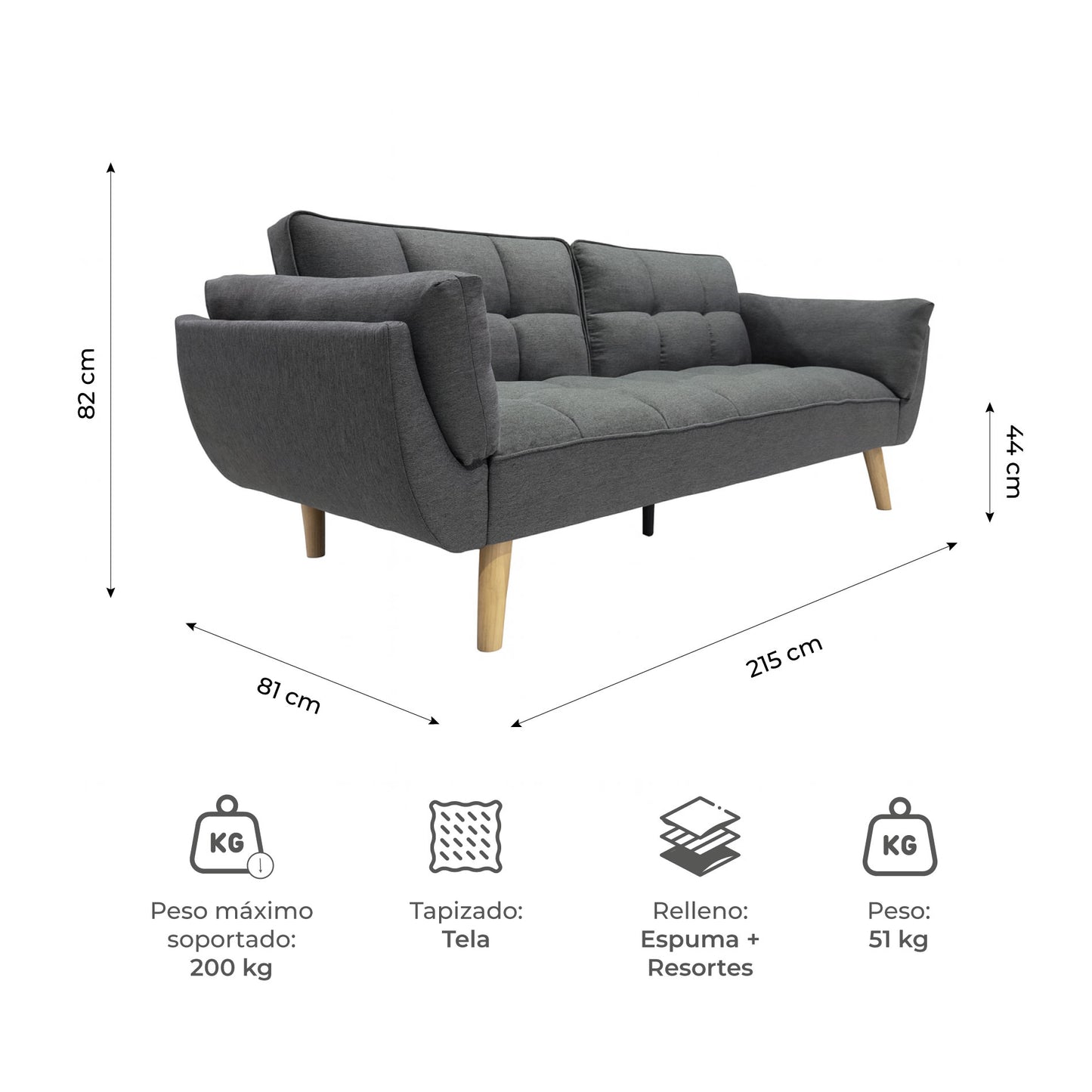 Sofá Cama 3 Cuerpos Buher Gris