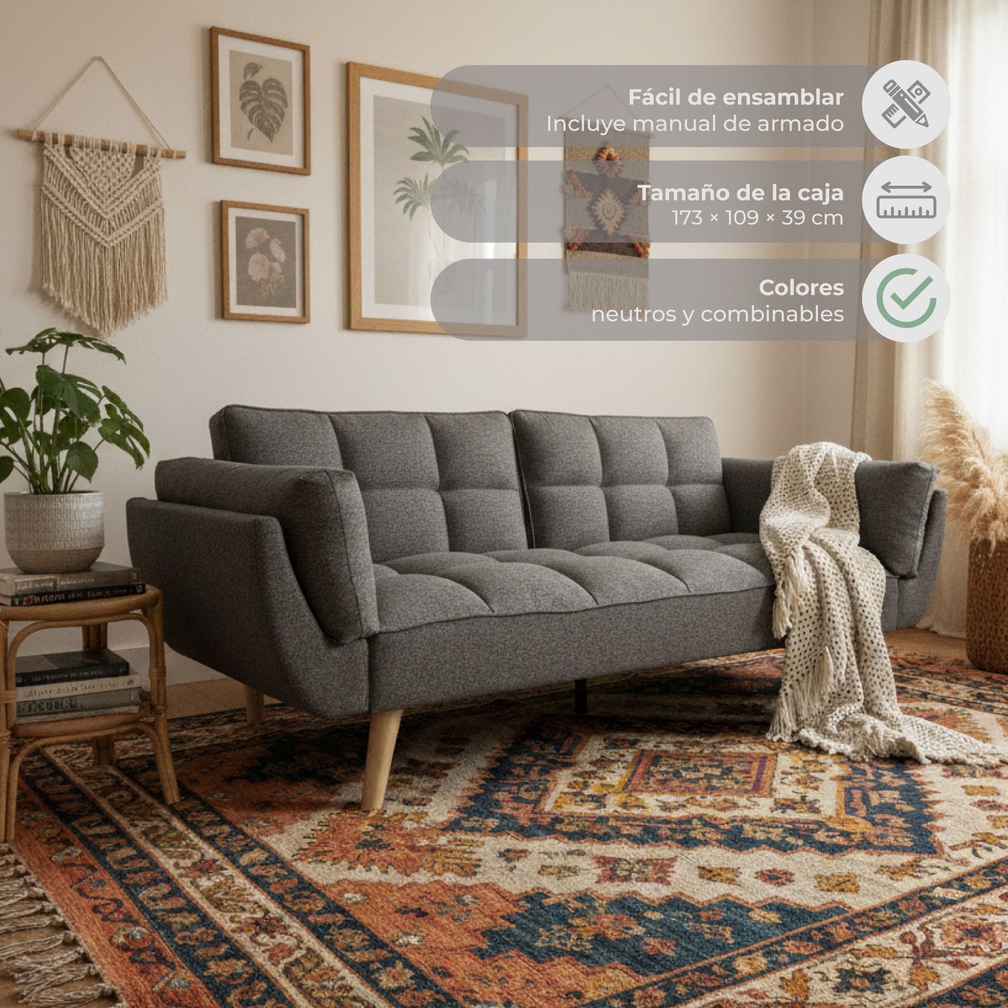 Sofá Cama 3 Cuerpos Buher Gris