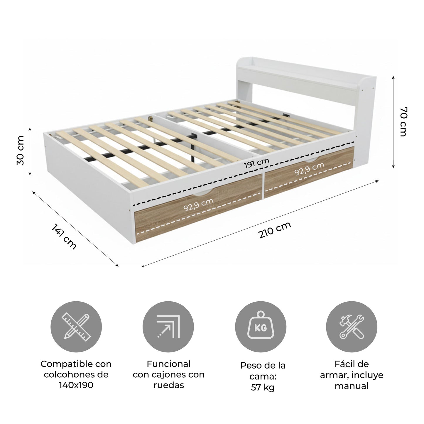 Cama de 2 Plazas Nórdica Con Cajones