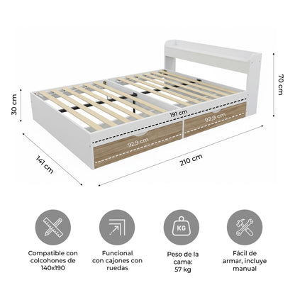 Cama de 2 Plazas Nórdica Con Cajones