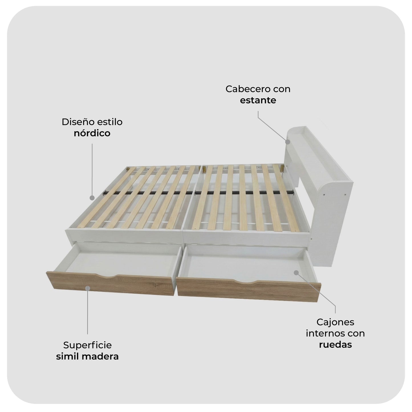 Cama de 2 Plazas Nórdica Con Cajones