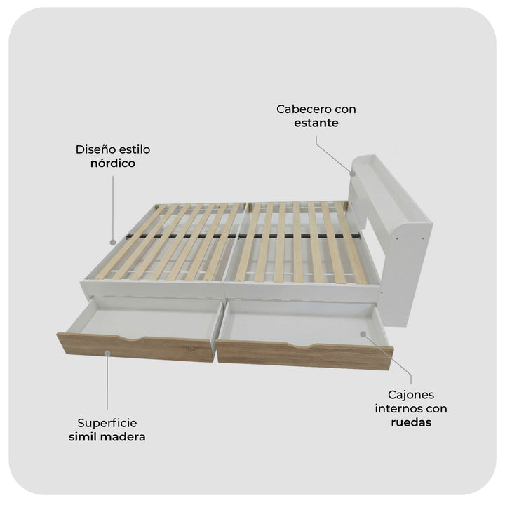 Cama de 2 Plazas Nórdica Con Cajones